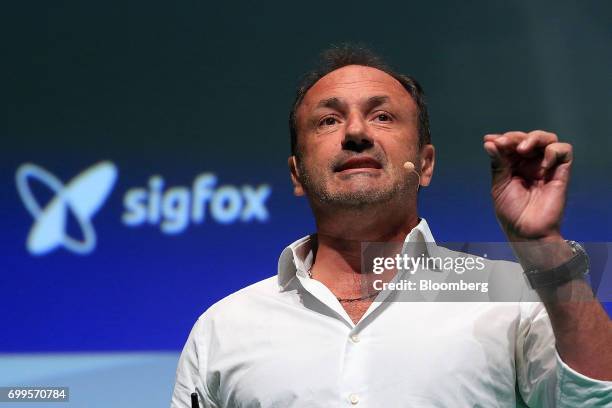 Ludovic Le Moan, chief executive officer of Sigfox, gestures as he speaks during the Noah technology conference in Berlin, Germany, on Thursday, June...