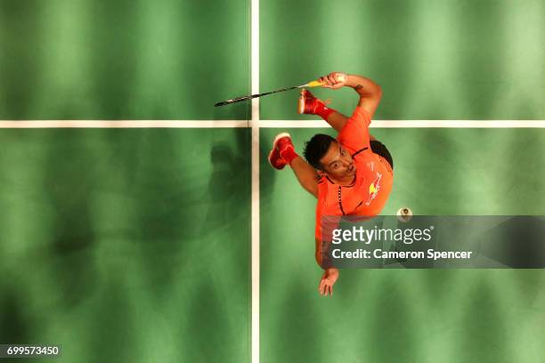 Lin Dan of China plays a shot during his R16 match against Jonatan Christie of Indonesia during the Australian Badminton Open at Sydney Olympic Park...