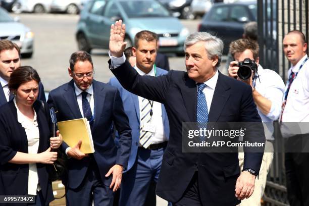 European Parliament President Antonio Tajani arrives at the European People's Party headquarters in Brussels for a EPP meeting on the sidelines of...