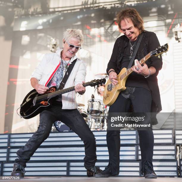 Kevin Cronin and Dave Amato of REO Speedwagon performs on stage during the 'United We Rock Tour 2017' at White River Amphitheatre on June 21, 2017 in...