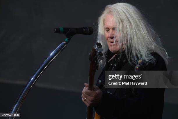 Bruce Hall of REO Speedwagon performs on stage during the 'United We Rock Tour 2017' at White River Amphitheatre on June 21, 2017 in Auburn,...