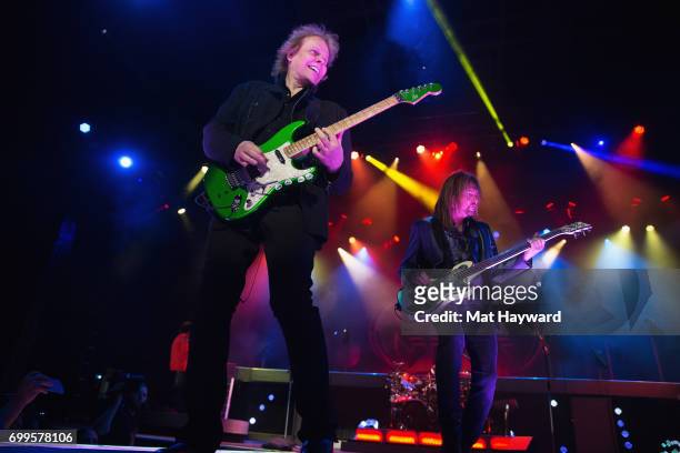 James Young and Ricky Phillips of Styx perform on stage during the 'United We Rock Tour 2017' at White River Amphitheatre on June 21, 2017 in Auburn,...