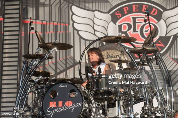 Bryan Hill of REO Speedwagon performs on stage during the 'United We Rock Tour 2017' at White River Amphitheatre on June 21, 2017 in Auburn,...