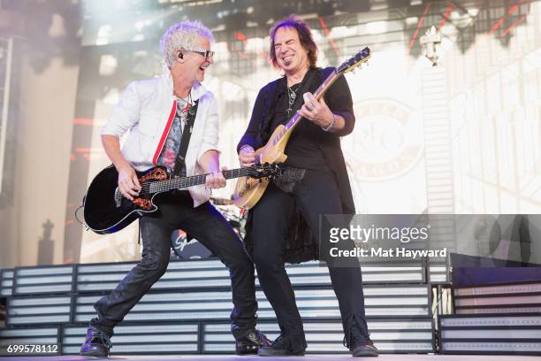 Kevin Cronin and Dave Amato of REO Speedwagon performs on stage during the 'United We Rock Tour 2017' at White River Amphitheatre on June 21, 2017 in...