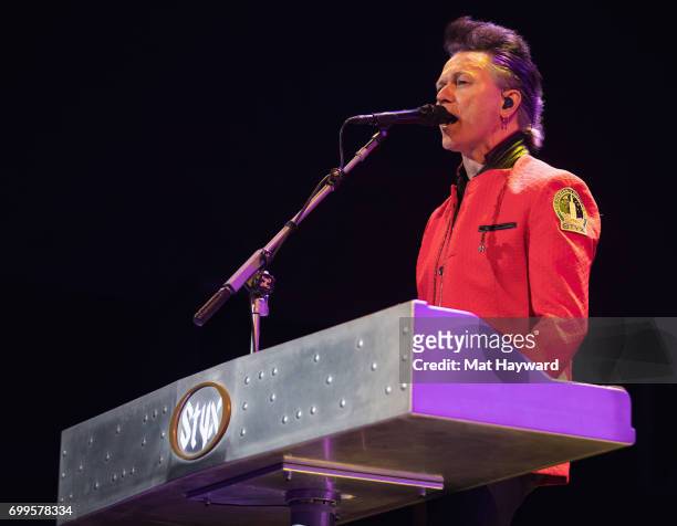 Lawrence Gowan of Styx performs on stage during the 'United We Rock Tour 2017' at White River Amphitheatre on June 21, 2017 in Auburn, Washington.
