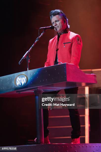 Lawrence Gowan of Styx performs on stage during the 'United We Rock Tour 2017' at White River Amphitheatre on June 21, 2017 in Auburn, Washington.