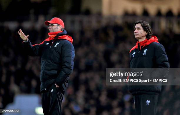 Liverpool manager Jurgen Klopp and assistant Zeljko Buvac during the Emirates FA Cup, fourth round replay match at Upton Park, London.