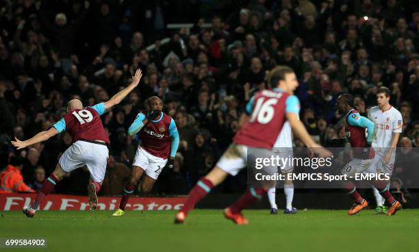 West Ham United's Angelo Ogbonna celebrates scoring his side's second goal in extra-time during the Emirates FA Cup, fourth round replay match at...