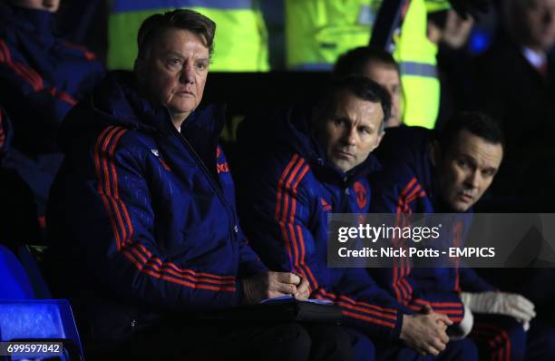 Manchester United manager Louis van Gaal and assistant manager Ryan Giggs on the Bench