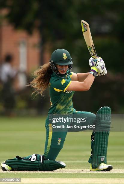 Laura Wolvaardt of South Africadrives the ball during the ICC Women's World Cup warm up match between West Indies and South Africa at Oakham School...