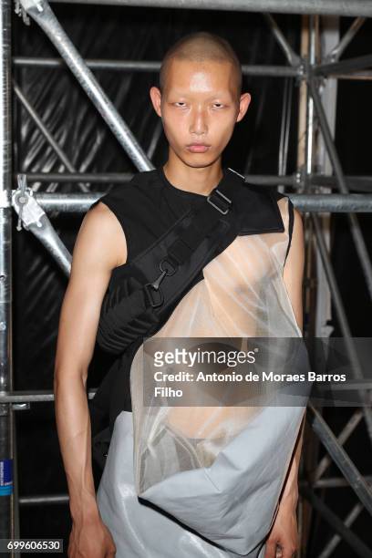 Model poses backstage before the Rick Owens Menswear Spring/Summer 2018 show as part of Paris Fashion Week on June 22, 2017 in Paris, France.