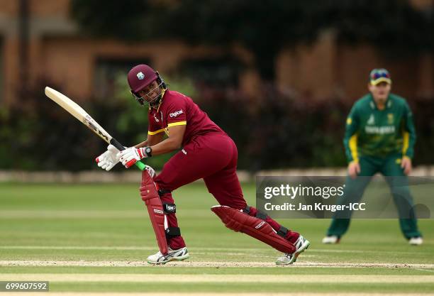 Chedean Nation of West Indies in action during the ICC Women's World Cup warm up match between West Indies and South Africa at Oakham Schoolon June...