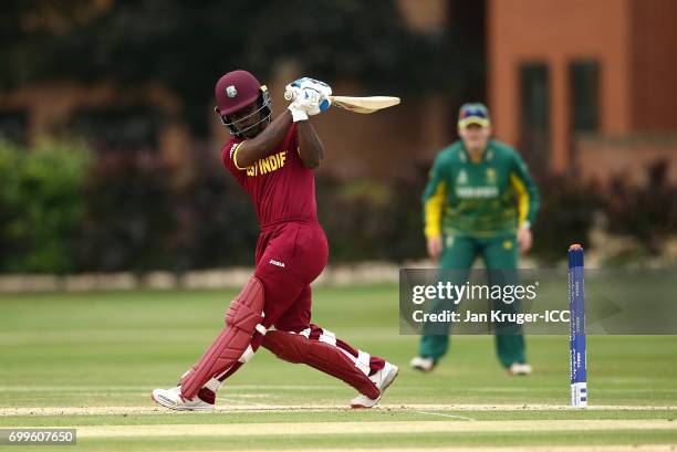 Deandra Dottin of West Indies in action during the ICC Women's World Cup warm up match between West Indies and South Africa at Oakham Schoolon June...