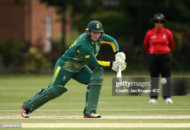 Lizelle Lee of South Africa in action delivery during the ICC Women's World Cup warm up match between West Indies and South Africa at Oakham School...