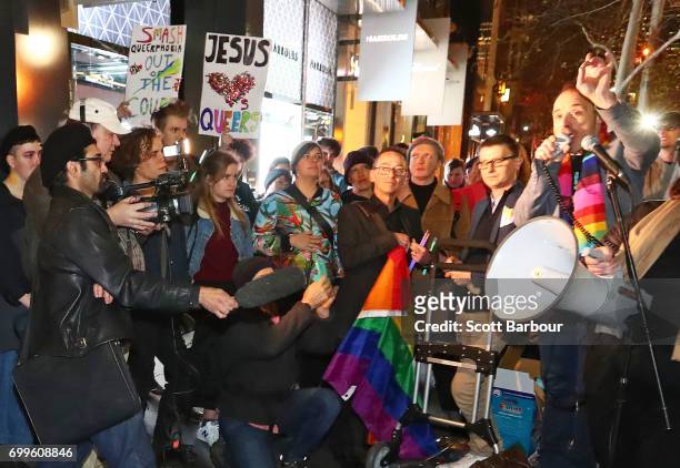 Equal Love Campaign Manager Anthony Wallace speaks outside of the Athenaeum club, where former Australian tennis player and Christian pastor Margaret...