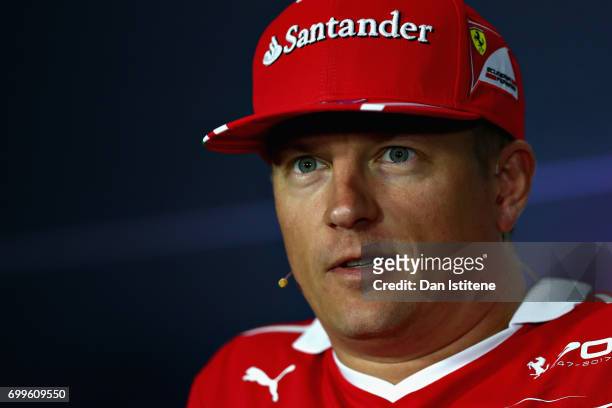Kimi Raikkonen of Finland and Ferrari talks in the Drivers Press Conference during previews ahead of the European Formula One Grand Prix at Baku City...