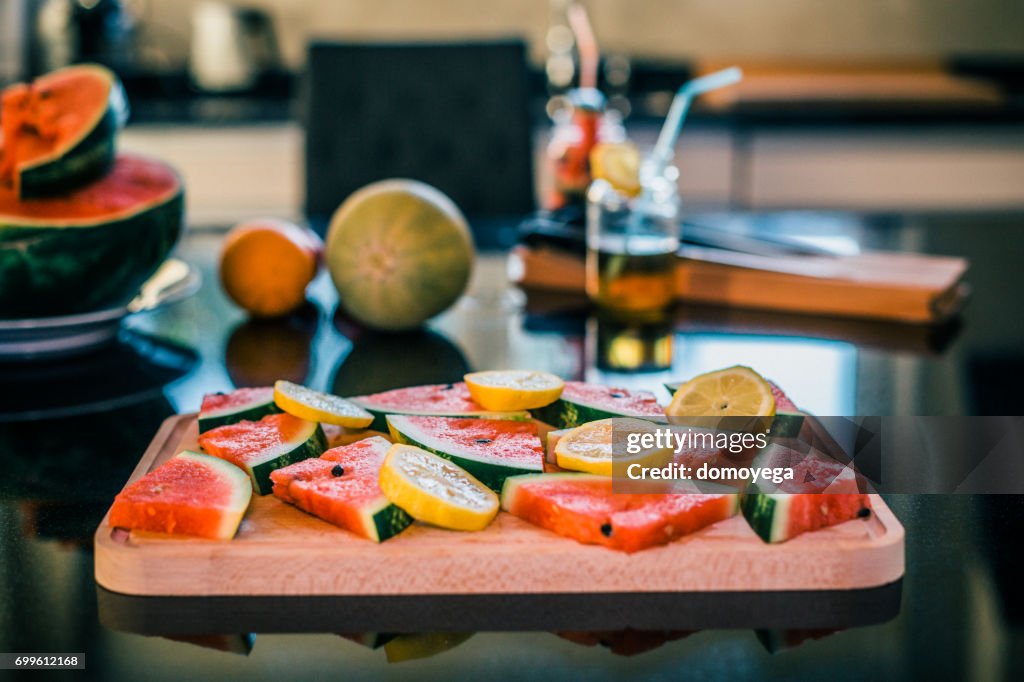 Close-up of cutted watermelon and lemon