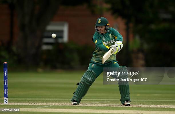 Lizelle Lee of South Africa in action delivery during the ICC Women's World Cup warm up match between West Indies and South Africa at Oakham School...