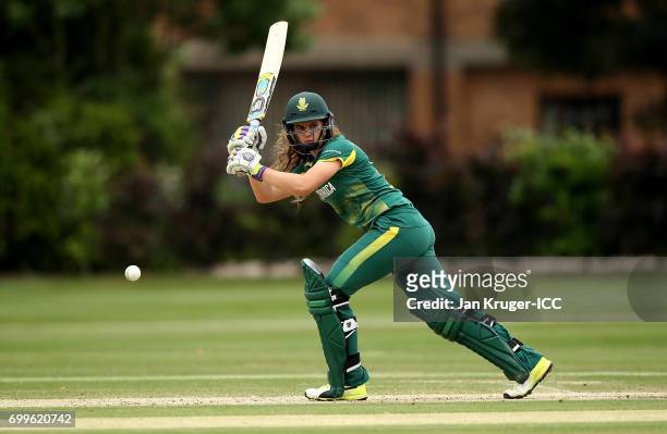 Laura Wolvaardt of South Africa in action during the ICC Women's World Cup warm up match between West Indies and South Africa at Oakham School on...