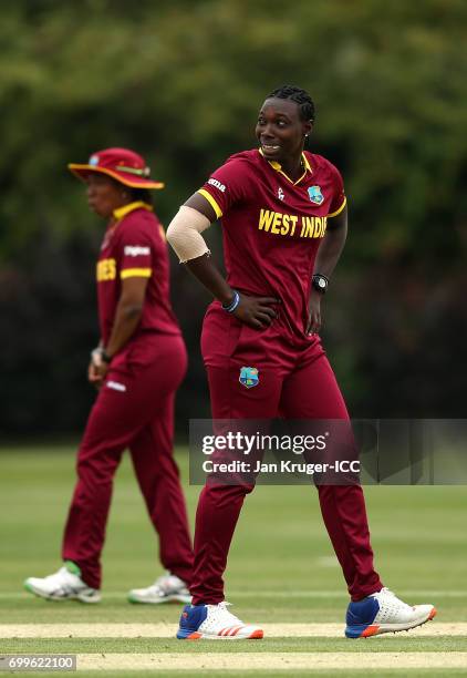 Shamilia Connell of West Indies look on during the ICC Women's World Cup warm up match between West Indies and South Africa at Oakham School on June...