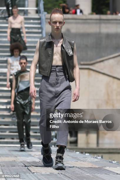 Model walks the runway during the Rick Owens Menswear Spring/Summer 2018 show as part of Paris Fashion Week on June 22, 2017 in Paris, France.