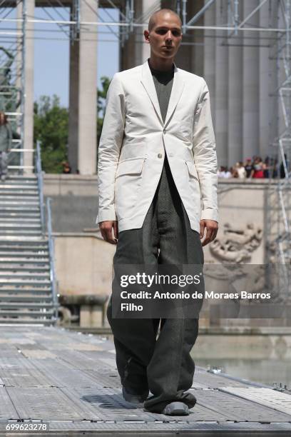 Model walks the runway during the Rick Owens Menswear Spring/Summer 2018 show as part of Paris Fashion Week on June 22, 2017 in Paris, France.