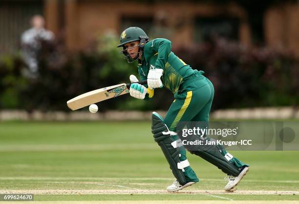 Mignon du Preez of South Africa in action during the ICC Women's World Cup warm up match between West Indies and South Africa at Oakham School on...