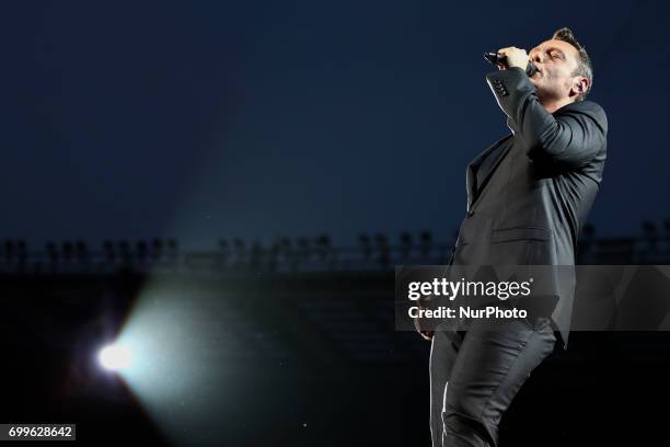 Italian singer Tiziano Ferro performed live at the Olympic Stadium, with his &quot;Il mestiere della vita tour&quot;, in Turin, Italy, on June 22,...