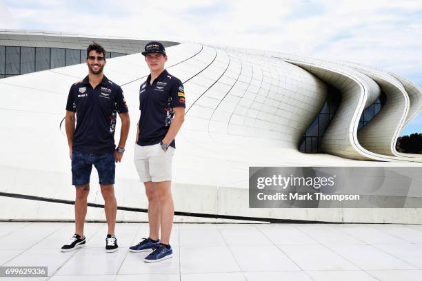 Daniel Ricciardo of Australia and Red Bull Racing and Max Verstappen of Netherlands and Red Bull Racing pose for a photo at the Heydar Aliyev Centre...