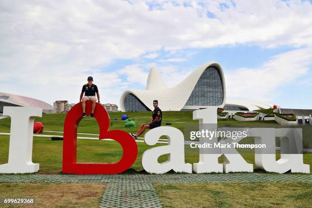 Daniel Ricciardo of Australia and Red Bull Racing and Max Verstappen of Netherlands and Red Bull Racing pose for a photo at the Heydar Aliyev Centre...