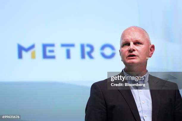 Olaf Koch, chief executive officer of Metro AG, speaks during the Noah technology conference in Berlin, Germany, on Thursday, June 22, 2017. The...