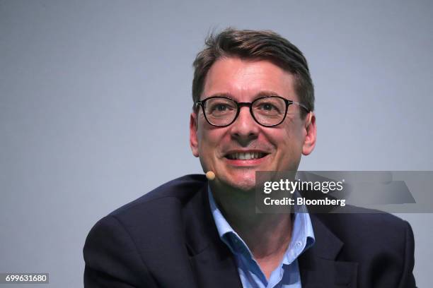 Stephen Fanderl, chief executive officer of Karstadt Warenhaus GmbH, reacts during the Noah technology conference in Berlin, Germany, on Thursday,...