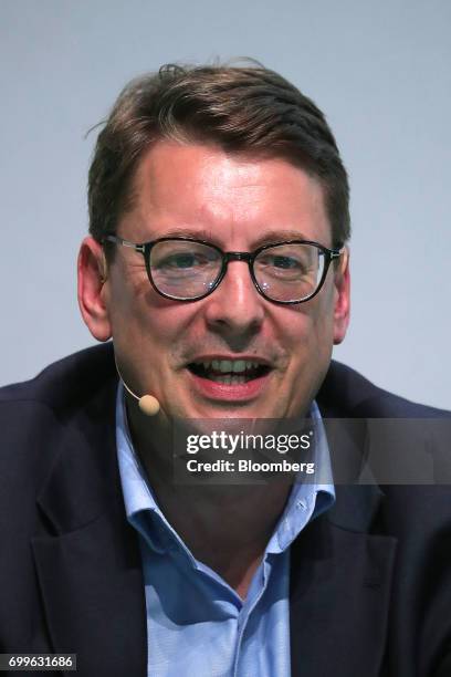 Stephen Fanderl, chief executive officer of Karstadt Warenhaus GmbH, speaks during the Noah technology conference in Berlin, Germany, on Thursday,...