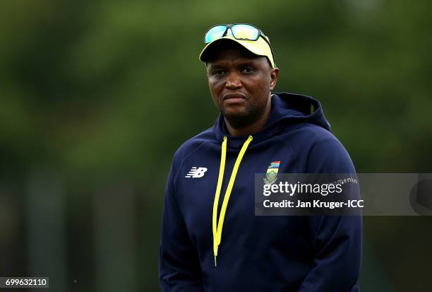 South Africa women's coach Hilton Moreeng looks on during the ICC Women's World Cup warm up match between West Indies and South Africa at Oakham...