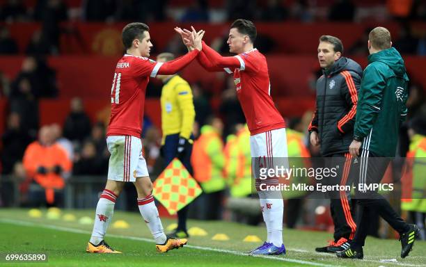 Manchester United's Ander Herrera is replaced by substitute Regan Poole.