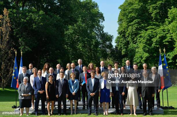 French president Emmanuel Macron poses with the Paris Olympics sign Paris 2014 with the members of the government at the Elysee Palace in Paris,...