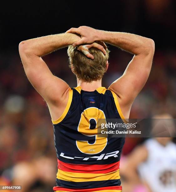 Rory Sloane of the Crows reacts during the round 14 AFL match between the Adelaide Crows and the Hawthorn Hawks at Adelaide Oval on June 22, 2017 in...