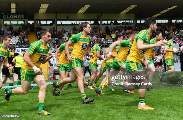 Monaghan , Ireland - 18 June 2017; Michael Murphy, centre, and his Donegal teammates during the Ulster GAA Football Senior Championship Semi-Final...