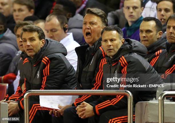 Manchester United manager Louis van Gaal with assistants Albert Stuivenberg and Ryan Giggs.