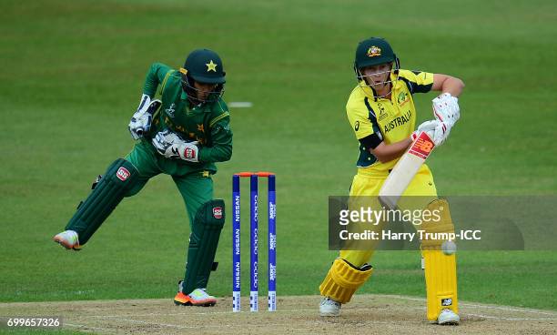 Meg Lanning of Australia bats during the ICC Women's World Cup Warm Up Match between Australia and Pakistan on June 22, 2017 in Leicester, England.