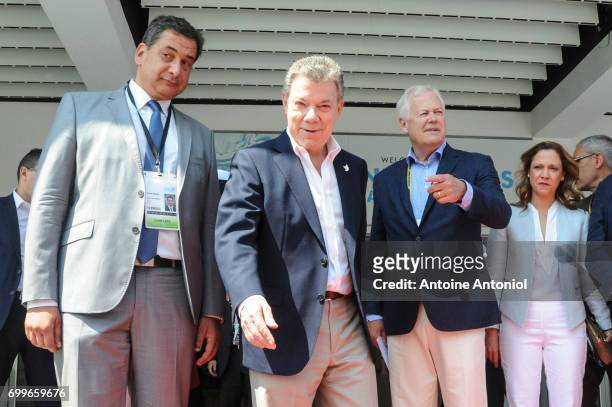 Colombian President Juan Manuel Santos and Weber Shandwick's Jack Leslie attend the Cannes Lions Festival 2017 on June 22, 2017 in Cannes, France.