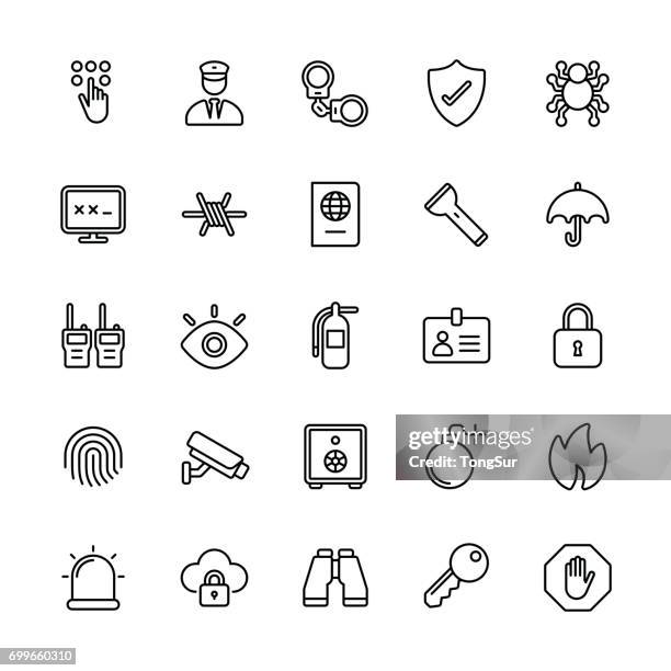 ilustraciones, imágenes clip art, dibujos animados e iconos de stock de iconos de seguridad - línea regular - cámara de seguridad