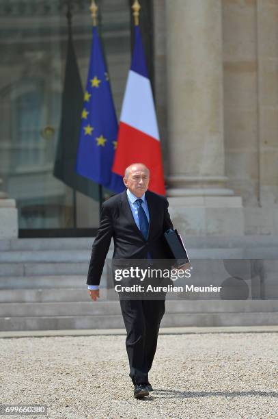 French Minister of Interior Gerard Collomb leaves the Elysee Palace after the weekly cabinet meeting with French President Emmanuel Macron on June...