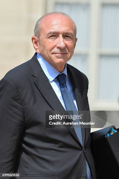 French Minister of Interior Gerard Collomb leaves the Elysee Palace after the weekly cabinet meeting with French President Emmanuel Macron on June...