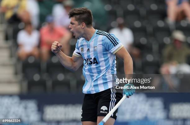 Gonzalo Peillat of Argentina celebrates scoring his teams second goal during the quarter final match between Argentina and Pakistan on day seven of...