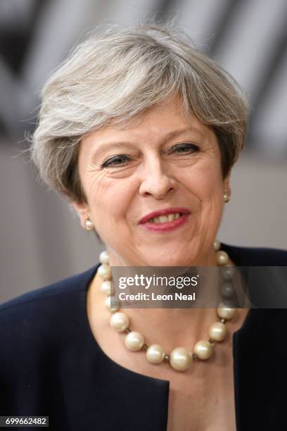 British Prime Minister Theresa May arrives at the EU Council headquarters ahead of a European Council meeting on June 22, 2017 in Brussels, Belgium....