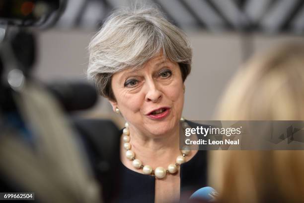 British Prime Minister Theresa May arrives at the EU Council headquarters ahead of a European Council meeting on June 22, 2017 in Brussels, Belgium....