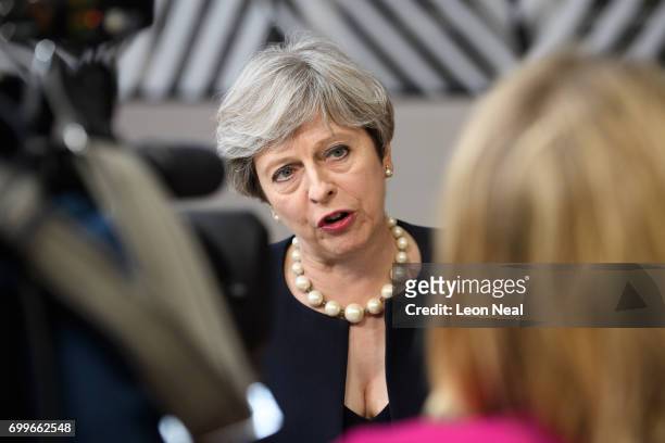 British Prime Minister Theresa May arrives at the EU Council headquarters ahead of a European Council meeting on June 22, 2017 in Brussels, Belgium....