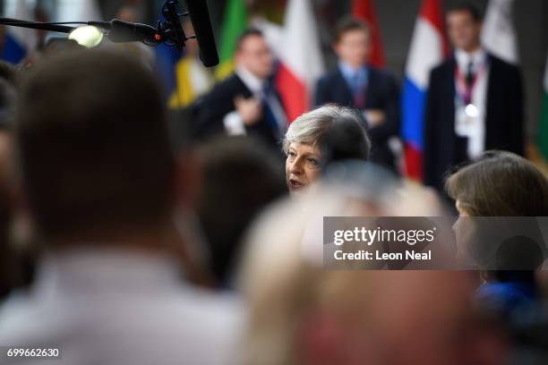 British Prime Minister Theresa May arrives at the EU Council headquarters ahead of a European Council meeting on June 22, 2017 in Brussels, Belgium....