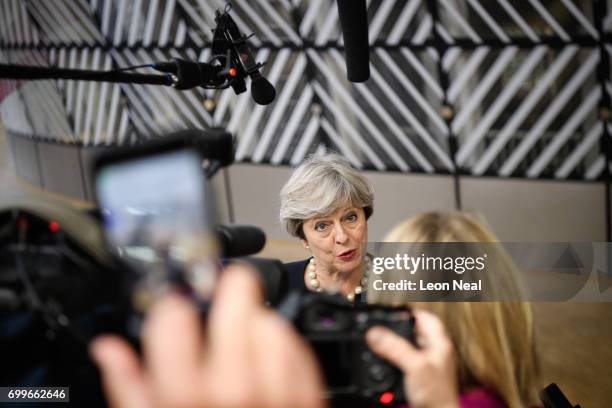 British Prime Minister Theresa May arrives at the EU Council headquarters ahead of a European Council meeting on June 22, 2017 in Brussels, Belgium....